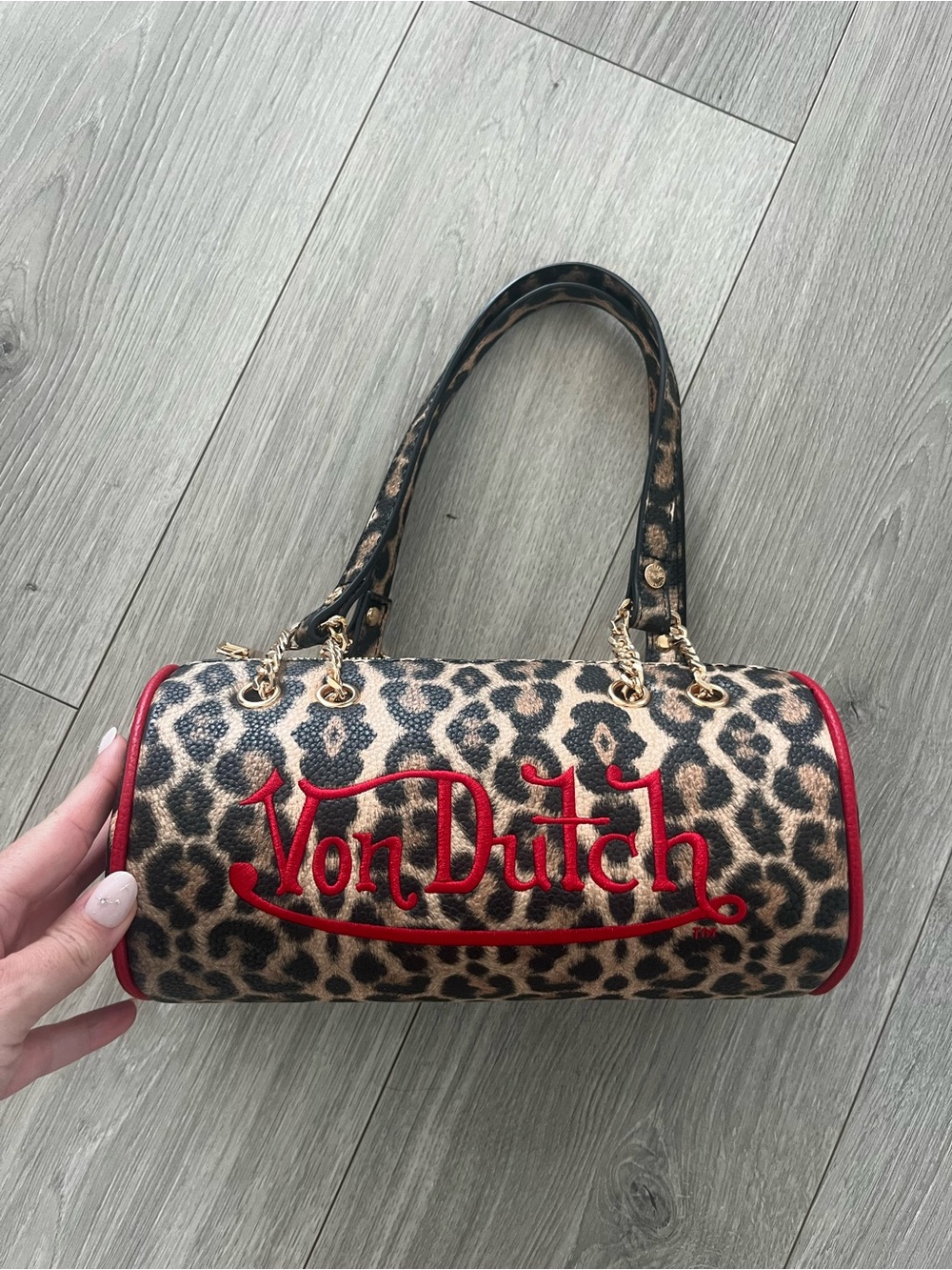 Von Dutch Leopard Mini Barrel Bag with Red Trim